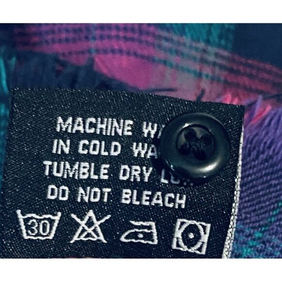 One 24 Rags Top Womens XXL Bright Plaid Flannel Fringe Hem Button Up Long Grunge - Picture 7 of 8